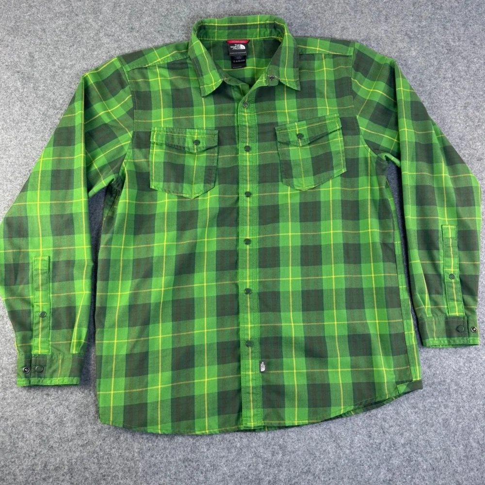 The North Face Mens Large Green Yellow Plaid Snap Front Long Sleeve Shirt L